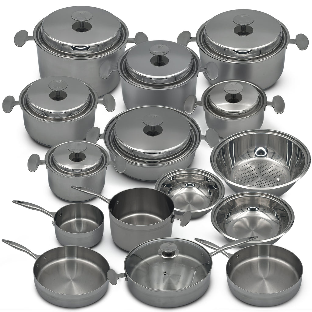 Batterie de cuisine 22 pièces en Inox 18/10 – Tous feux dont induction – Four 230 °C – Fond triple couche acier-alu-acier – Poêles 24/28, poêlons 16/20, lèche-frite 28 avec couvercle – Vanstahl