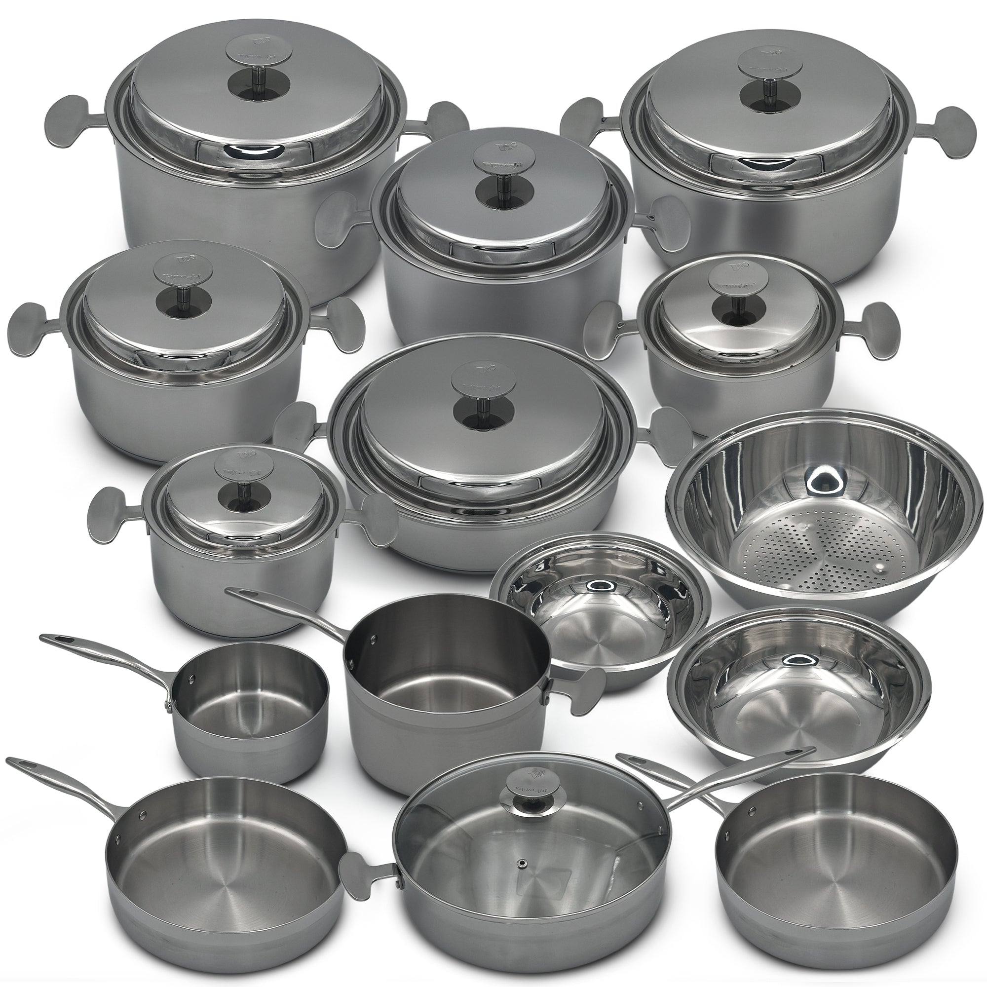 Batterie de cuisine 22 pièces en Inox 18/10 – Tous feux dont induction – Four 230 °C – Fond triple couche acier-alu-acier – Poêles 24/28, poêlons 16/20, lèche-frite 28 avec couvercle – Vanstahl