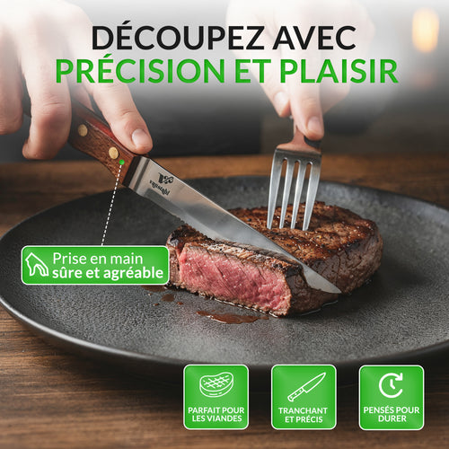 Couteaux à steak – Lot de 2 – Lame acier inox 18/10 – Manche bois riveté – Tranchant dentelé précis – Résistants à la corrosion – Idéal viande et grillades – Vanstahl