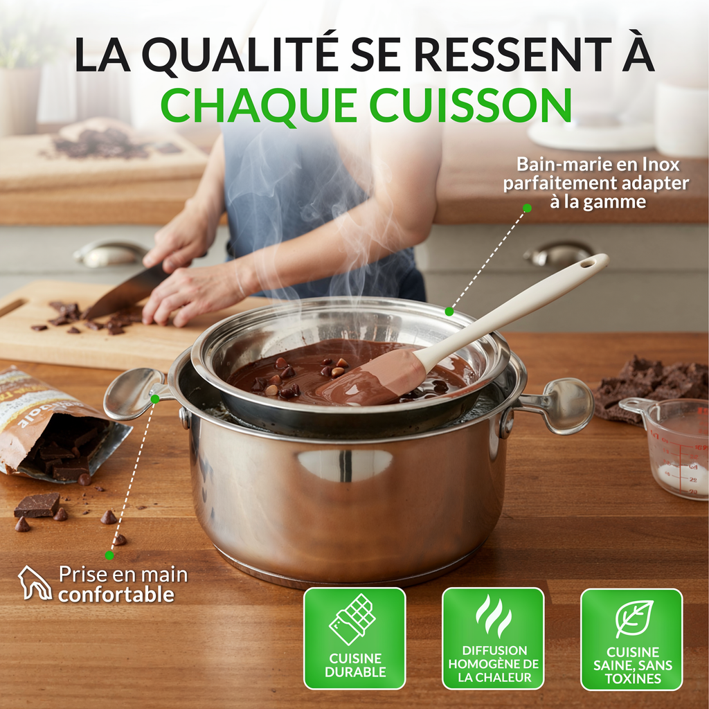 Batterie de cuisine 16 pièces acier 18/10 – Tous feux dont induction – Four 230 °C – Fond triple couche – Couvercles inox réversibles – Bains-marie 16/20 – Passoire 24 – Vanstahl