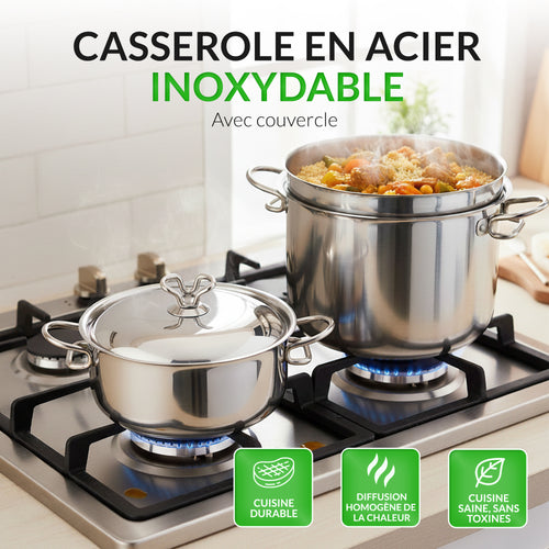Batterie Italienne 16 pièces acier 18/10 – Tous feux dont induction – Four 230 °C – Fond 3 couches – 5 faitouts 16/18/20/22/24 – Sauteuse 28 & Poêle 24 – Bains‑Marie 16/22 – Passoire 24 – Couvercles inox