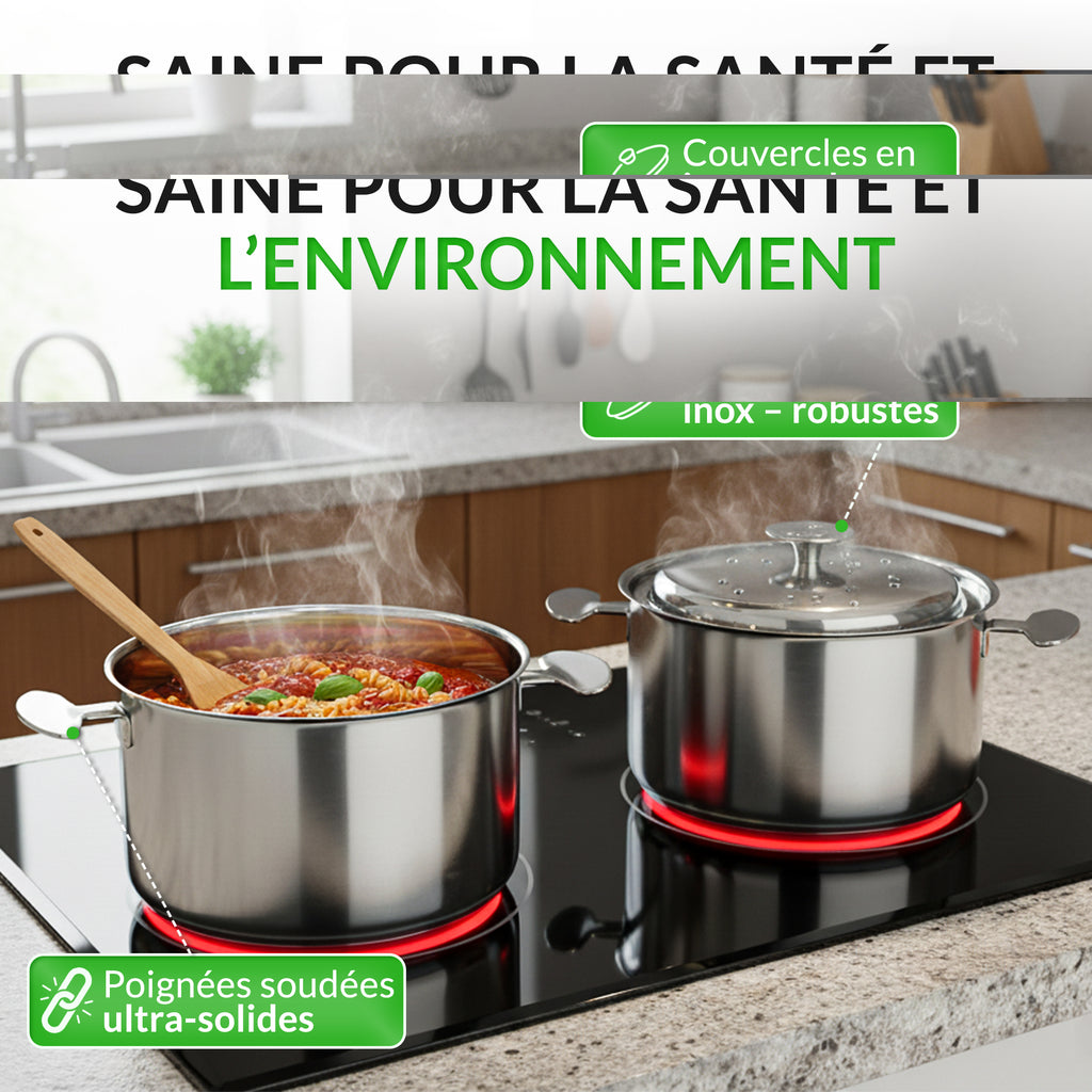 Batterie de cuisine 16 pièces acier 18/10 – Tous feux dont induction – Four 230 °C – Fond triple couche – Couvercles inox réversibles – Bains-marie 16/20 – Passoire 24 – Vanstahl