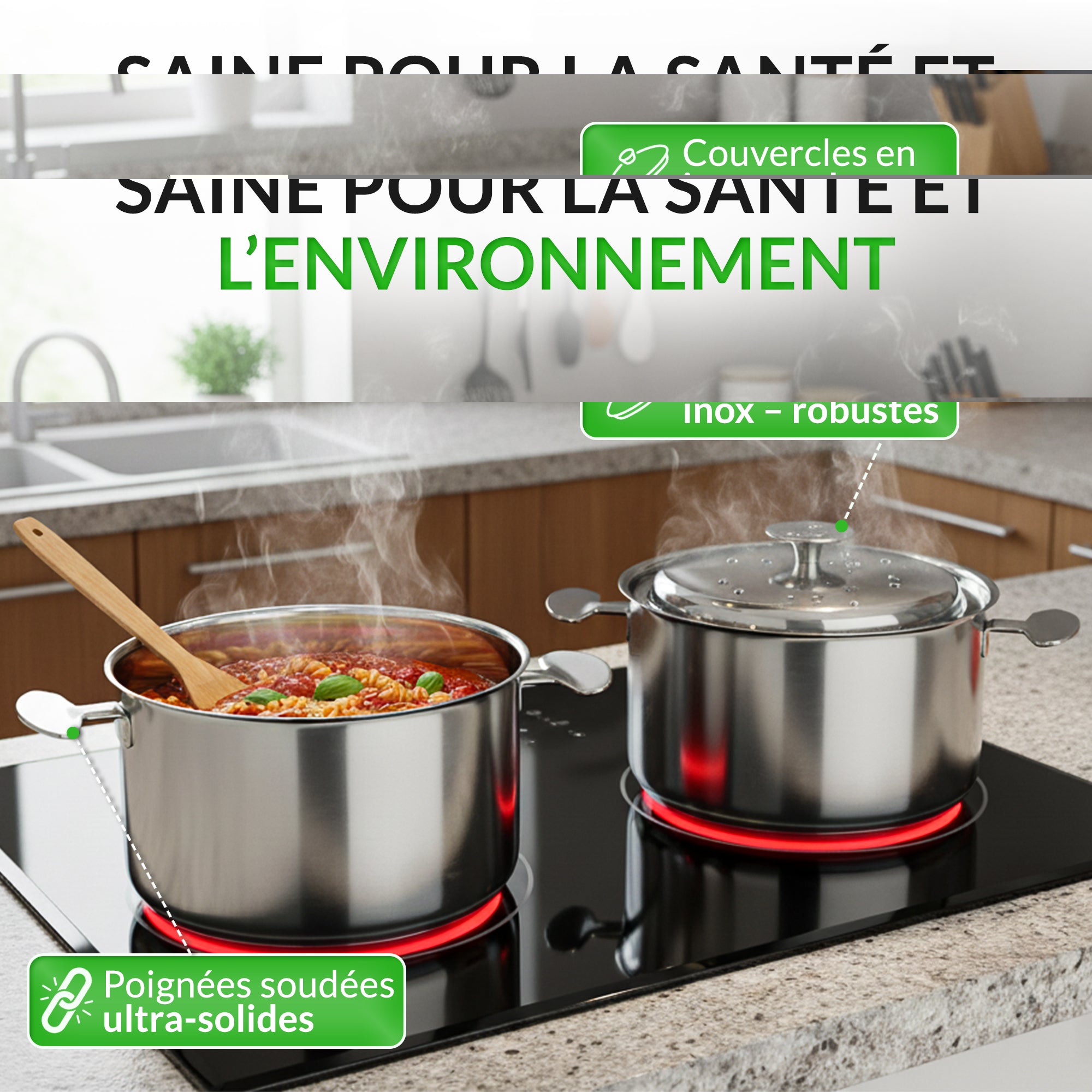 Batterie de cuisine 16 pièces acier 18/10 – Tous feux dont induction – Four 230 °C – Fond triple couche – Couvercles inox réversibles – Bains-marie 16/20 – Passoire 24 – Vanstahl
