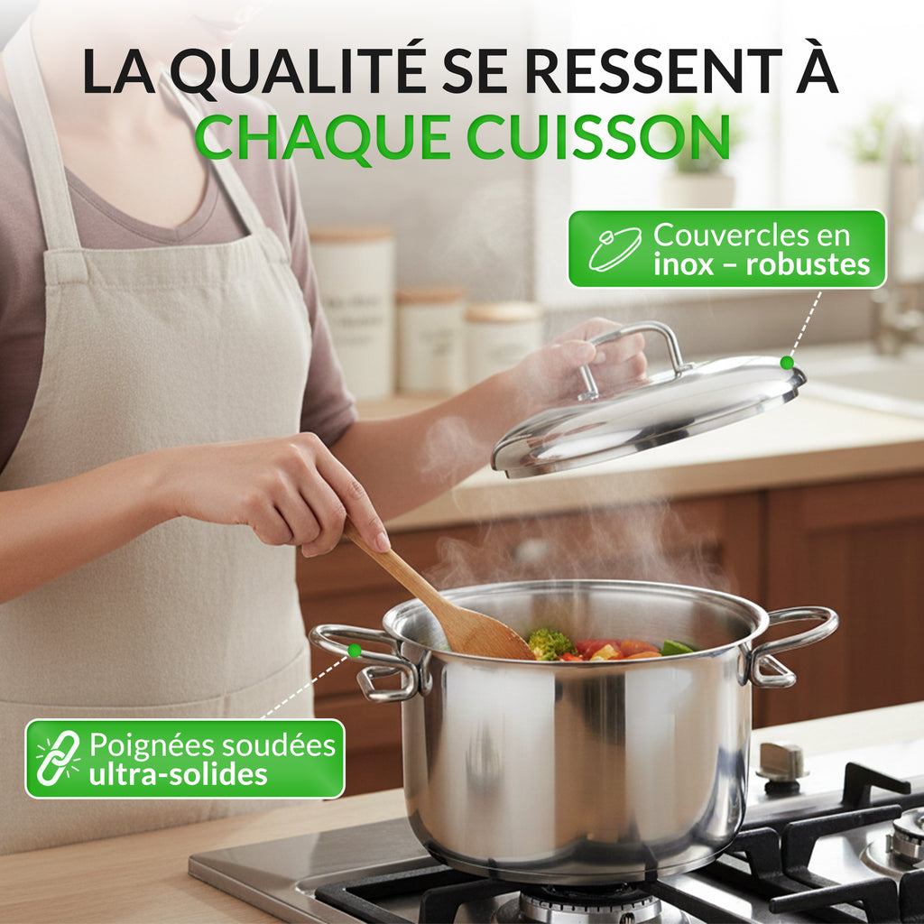 Batterie Italienne 16 pièces acier 18/10 – Tous feux dont induction – Four 230 °C – Fond 3 couches – 5 faitouts 16/18/20/22/24 – Sauteuse 28 & Poêle 24 – Bains‑Marie 16/22 – Passoire 24 – Couvercles inox