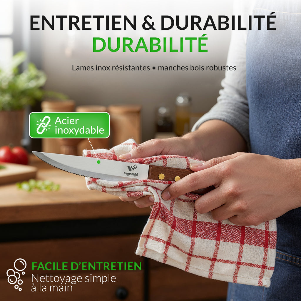 Couteaux à steak – Lot de 2 – Lame acier inox 18/10 – Manche bois riveté – Tranchant dentelé précis – Résistants à la corrosion – Idéal viande et grillades – Vanstahl