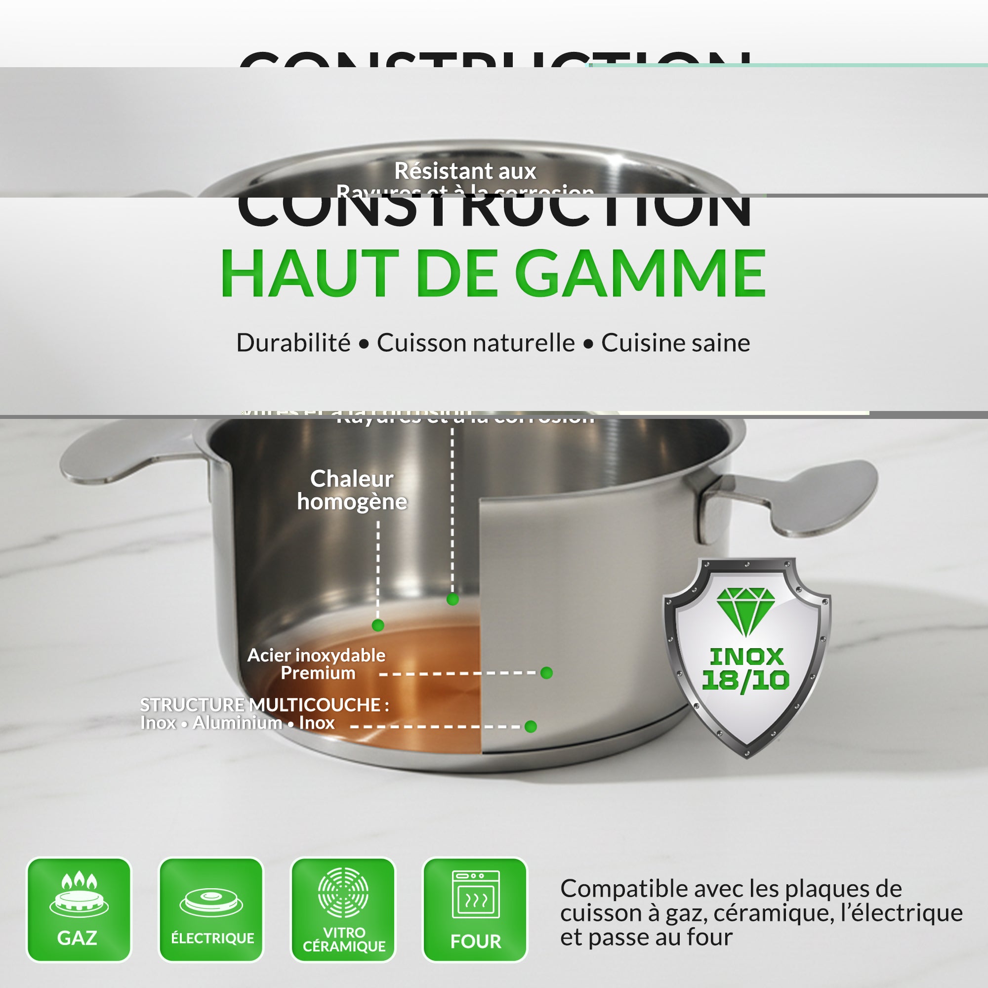 Batterie de cuisine 16 pièces acier 18/10 – Tous feux dont induction – Four 230 °C – Fond triple couche – Couvercles inox réversibles – Bains-marie 16/20 – Passoire 24 – Vanstahl