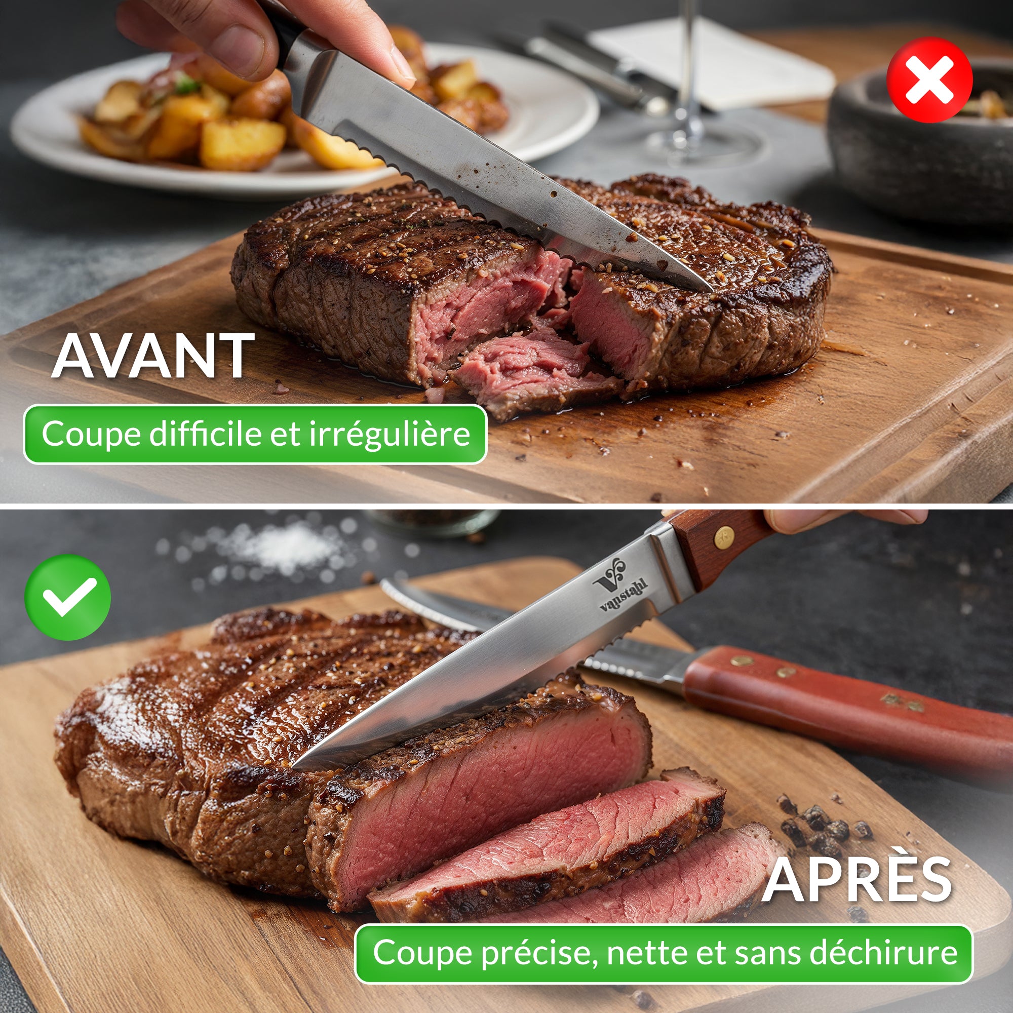 Couteaux à steak – Lot de 2 – Lame acier inox 18/10 – Manche bois riveté – Tranchant dentelé précis – Résistants à la corrosion – Idéal viande et grillades – Vanstahl