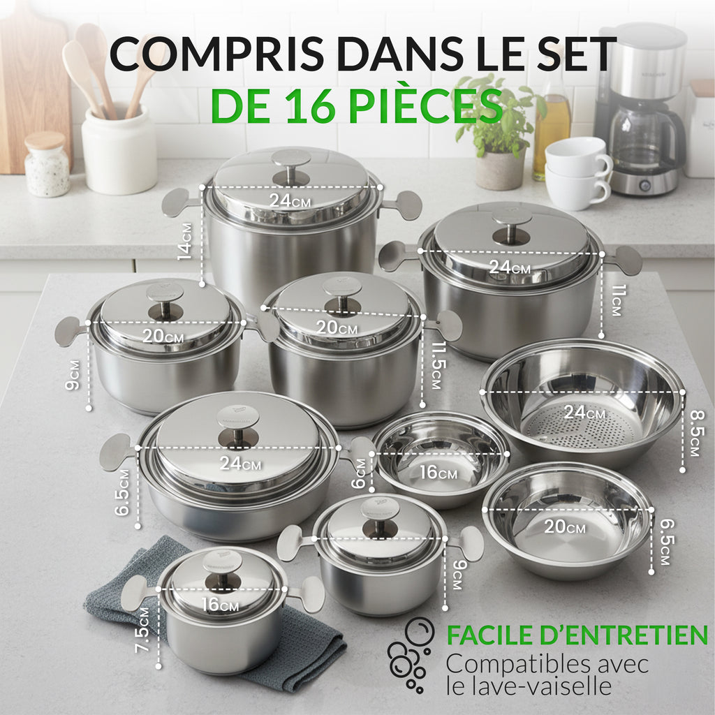 Batterie de cuisine 16 pièces acier 18/10 – Tous feux dont induction – Four 230 °C – Fond triple couche – Couvercles inox réversibles – Bains-marie 16/20 – Passoire 24 – Vanstahl