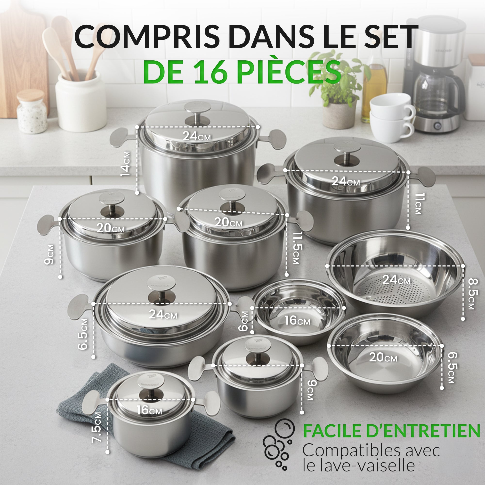 Batterie de cuisine 16 pièces acier 18/10 – Tous feux dont induction – Four 230 °C – Fond triple couche – Couvercles inox réversibles – Bains-marie 16/20 – Passoire 24 – Vanstahl