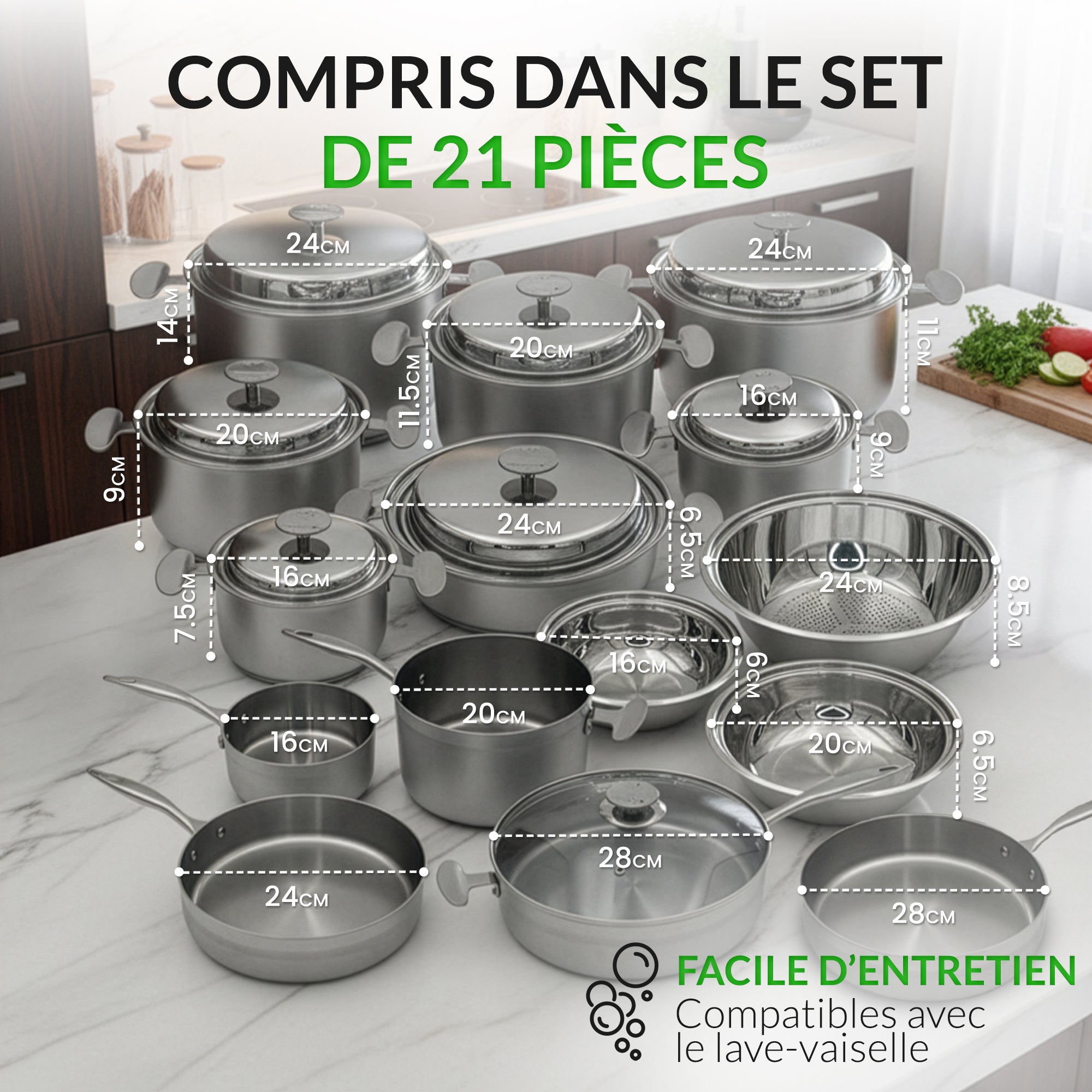 Batterie de cuisine 22 pièces en Inox 18/10 – Tous feux dont induction – Four 230 °C – Fond triple couche acier-alu-acier – Poêles 24/28, poêlons 16/20, lèche-frite 28 avec couvercle – Vanstahl