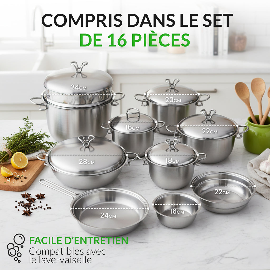 Batterie Italienne 16 pièces acier 18/10 – Tous feux dont induction – Four 230 °C – Fond 3 couches – 5 faitouts 16/18/20/22/24 – Sauteuse 28 & Poêle 24 – Bains‑Marie 16/22 – Passoire 24 – Couvercles inox