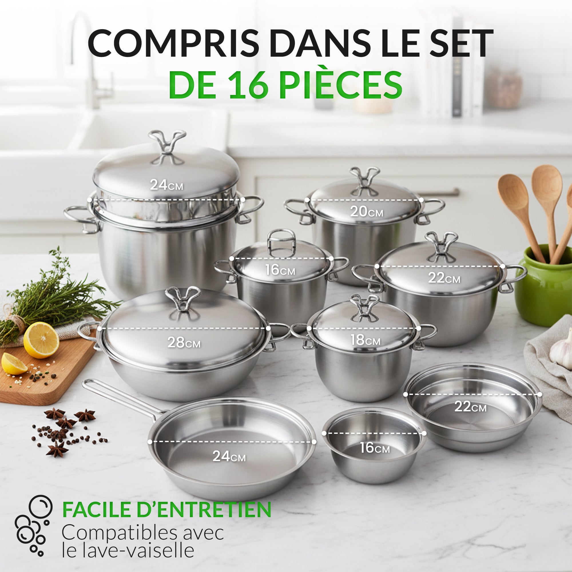 Batterie Italienne 16 pièces acier 18/10 – Tous feux dont induction – Four 230 °C – Fond 3 couches – 5 faitouts 16/18/20/22/24 – Sauteuse 28 & Poêle 24 – Bains‑Marie 16/22 – Passoire 24 – Couvercles inox