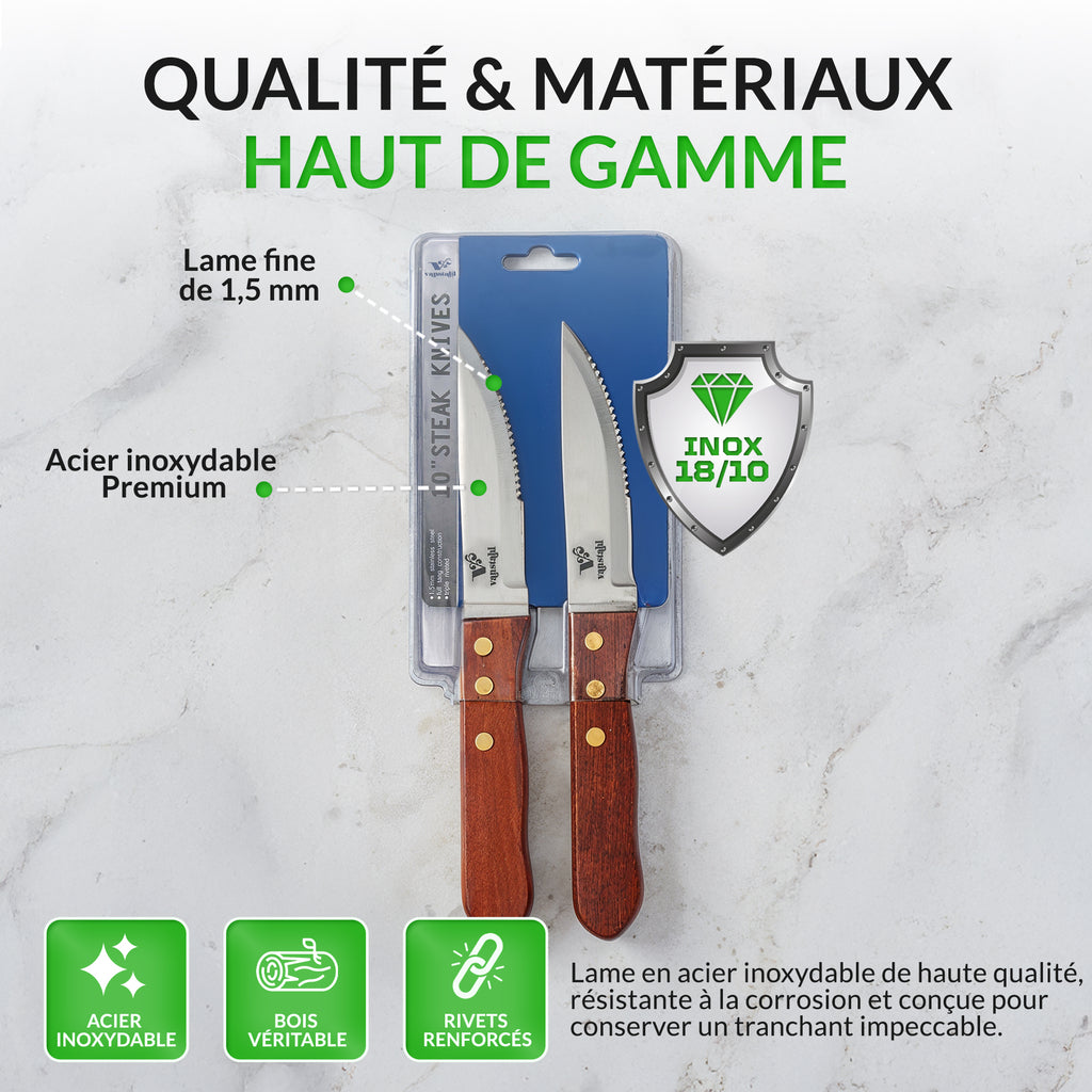 Couteaux à steak – Lot de 2 – Lame acier inox 18/10 – Manche bois riveté – Tranchant dentelé précis – Résistants à la corrosion – Idéal viande et grillades – Vanstahl