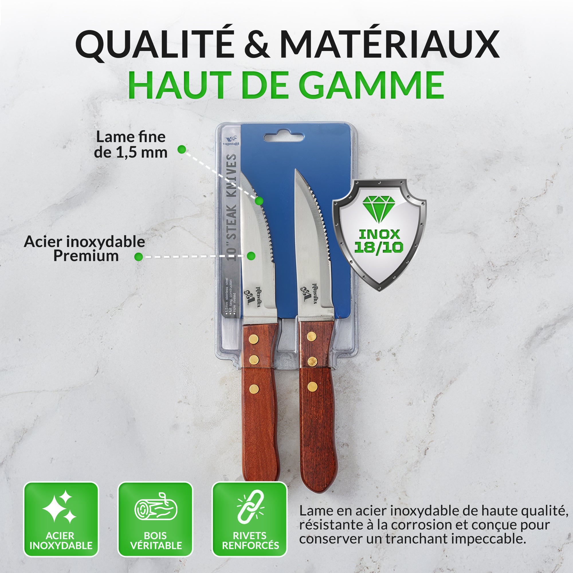 Couteaux à steak – Lot de 2 – Lame acier inox 18/10 – Manche bois riveté – Tranchant dentelé précis – Résistants à la corrosion – Idéal viande et grillades – Vanstahl
