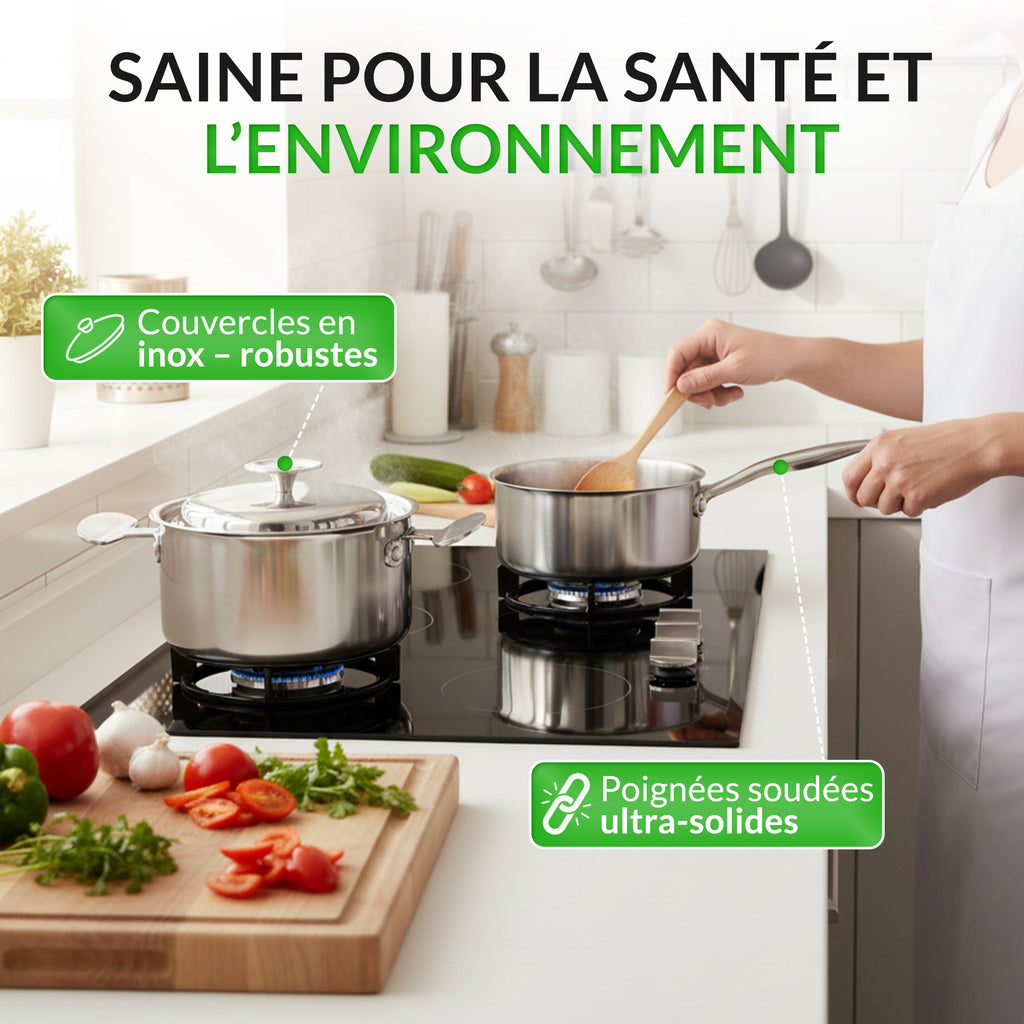 Batterie de cuisine 22 pièces en Inox 18/10 – Tous feux dont induction – Four 230 °C – Fond triple couche acier-alu-acier – Poêles 24/28, poêlons 16/20, lèche-frite 28 avec couvercle – Vanstahl