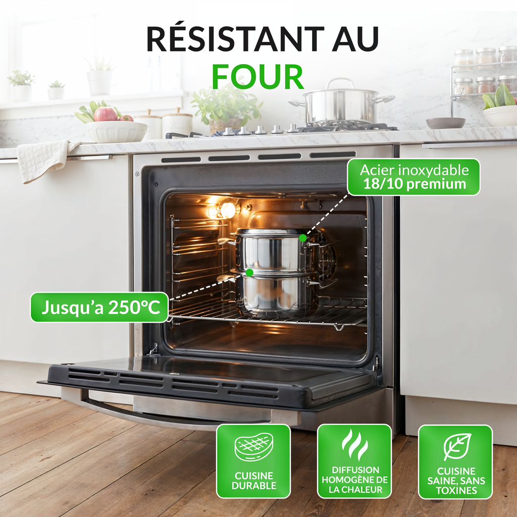 Batterie de cuisine 22 pièces en Inox 18/10 – Tous feux dont induction – Four 230 °C – Fond triple couche acier-alu-acier – Poêles 24/28, poêlons 16/20, lèche-frite 28 avec couvercle – Vanstahl